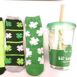 St. Patrick's Day Born Lucky Youth 3-Pack Socks + Reuseable Cup -New Tags